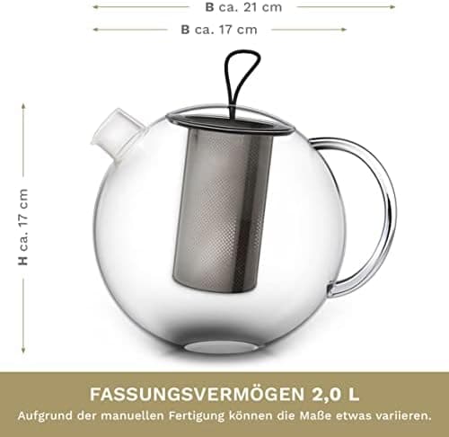 Creano Glas Teekanne 1,2l + Edelstahl Stövchen, ideal für Teezubereitung mit Losen Blüten
