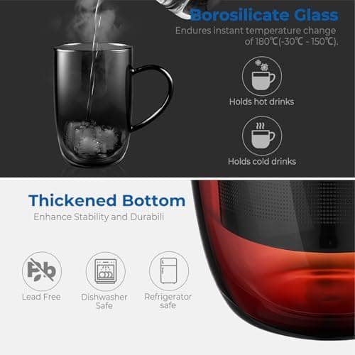 EcoOE 440 ml Borosilikat Teetasse mit Ultrafein Edelstahl Sieb und Natürlicher Bambus Deckel für Koffeinfreie Getränke