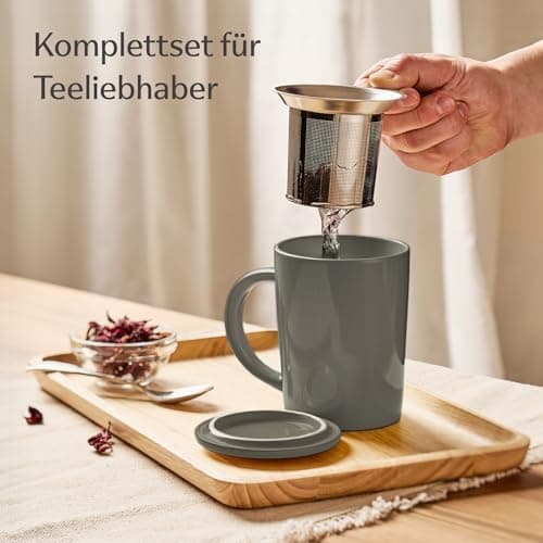 Cosumy Keramik Teetasse mit Sieb und Deckel - Hält lange warm - Spülmaschinenfest - Ideal für Tagesgebrauch - 400ml