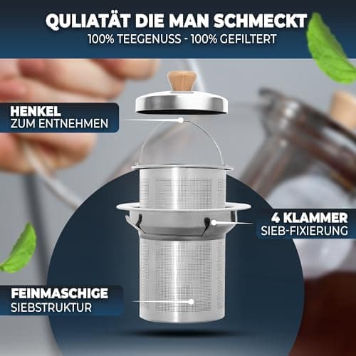 Teekanne mit Siebeinsatz - 1,5 Liter, verstärkte Glasstärke, ideal für Familie und Freunde, für jeden Tag nutzbar, mit S