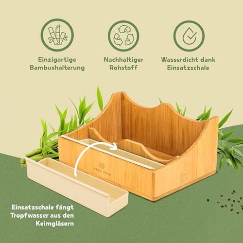 BEAR PAW® Sprossenglas 2er Set - 1000ml Keimglas für Sprossen Keimlinge - inkl. Bambushalterung & Abdunklungshüllen, Gra