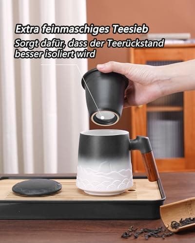 ZENS Teetasse mit Deckel und Teesieb für Tee Liebhaber bei\viewschiebung und Atemluft, 450ml, Große Holzgriff Matte Kera