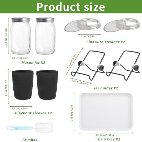 2 Stück Sprossenglas - Keimglas 32oz - Glasmaterial - Inklusive hochwertigem Edelstahl-Gitterdeckel, Ständer, Kunststoff