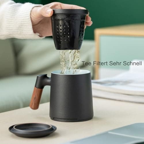 ZENS Teetasse mit Deckel und Sieb Geschenke für Teeliebhaber Matte Keramik 360 ml Holzgriff