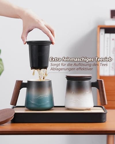 ZENS Teetasse mit Deckel und Teesieb für Tee Liebhaber bei\viewschiebung und Atemluft, 450ml, Große Holzgriff Matte Kera