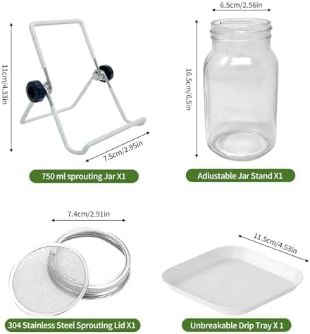 750ml Keimgläser Set für Sprossenzucht – Inklusive Edelstahlfilterdeckel, Verstellbarer Halterung und Abtropfschale – Id