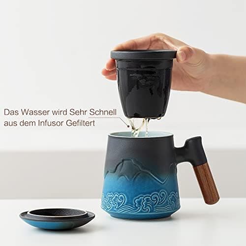 ZENS Teetasse mit Deckel und Teesieb für Tee Liebhaber bei\viewschiebung und Atemluft, 450ml, Große Holzgriff Matte Kera