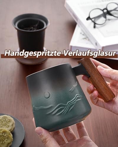 ZENS Teetasse mit Deckel und Teesieb für Tee Liebhaber bei\viewschiebung und Atemluft, 450ml, Große Holzgriff Matte Kera