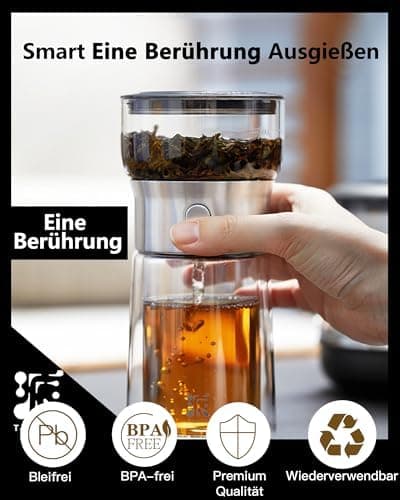 ZENS Modern Teekanne Glas mit Sieb für Teeliebhaber in Portable Tea Maker mit Isolierbecher