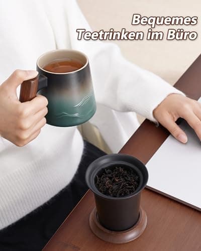 ZENS Teetasse mit Deckel und Teesieb für Tee Liebhaber bei\viewschiebung und Atemluft, 450ml, Große Holzgriff Matte Kera