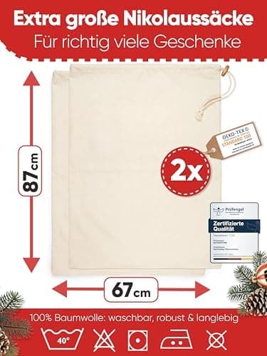 Wäschesack 2er Set 50 x 70 cm - Reise 100% Baumwolle OEKO-TEX zertifiziert, Wäschebeutel, Schmutzwäschebeutel