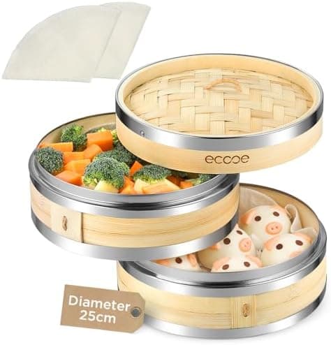 Ecooe Bambusdämpfer mit verstärktem Edelstahlrand, 20cm für Reis, Dim Sum und Gemüse,perfect für Familie und Freunde