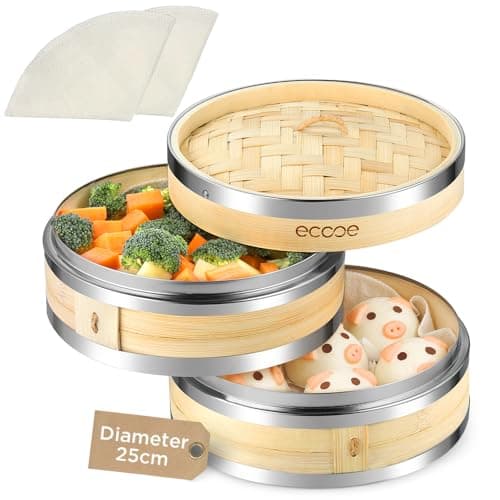 Ecooe Bambusdämpfer mit verstärktem Edelstahlrand, 20cm für Reis, Dim Sum und Gemüse,perfect für Familie und Freunde