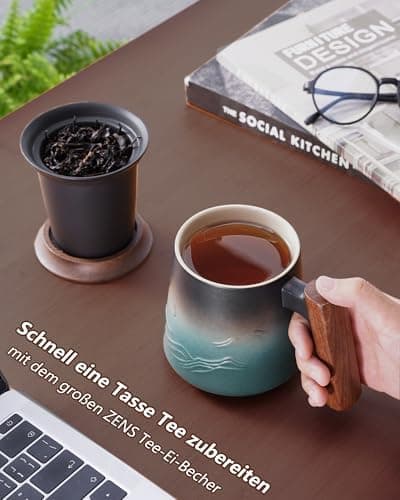 ZENS Teetasse mit Deckel und Teesieb für Tee Liebhaber bei\viewschiebung und Atemluft, 450ml, Große Holzgriff Matte Kera