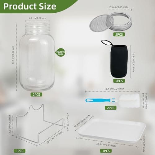 2 Stk Breiter Öffnung Sprossenglas 1000ml für Keimglas und Sprossenzucht Mit Deckel, Tropfschale und Bürste, ideal für d