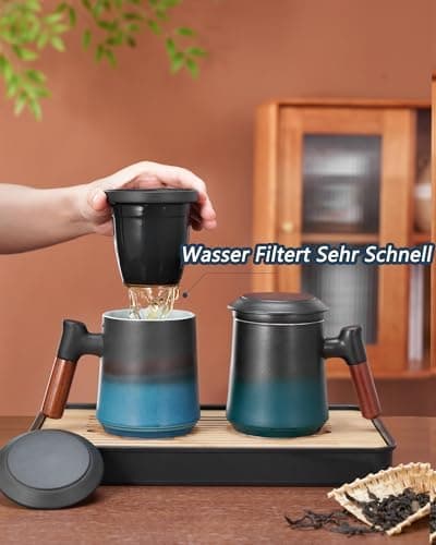 ZENS Teetasse mit Deckel und Teesieb für Tee Liebhaber bei\viewschiebung und Atemluft, 450ml, Große Holzgriff Matte Kera
