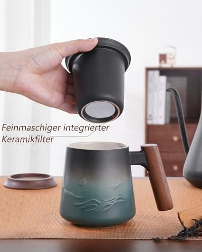 ZENS Teetasse mit Deckel und Teesieb für Tee Liebhaber bei\viewschiebung und Atemluft, 450ml, Große Holzgriff Matte Kera