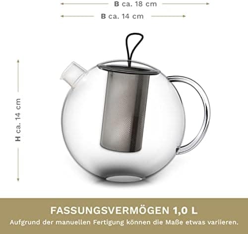 Creano Glas Teekanne 1,2l + Edelstahl Stövchen, ideal für Teezubereitung mit Losen Blüten