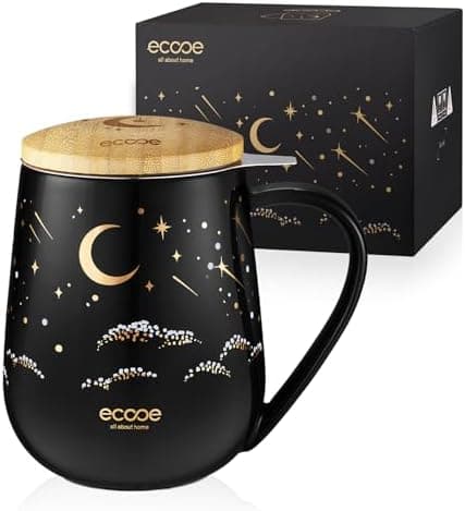 Ecoe Teetasse mit Deckel und Sieb - 600 ml Keramik Teetasse mit Edelstahl Sieb und Deckel, Schwarz Keramik Teebecher Set