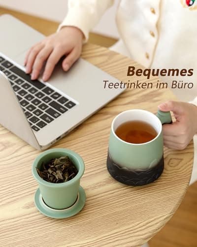 ZENS Teetasse mit Deckel und Teesieb für Tee Liebhaber bei\viewschiebung und Atemluft, 450ml, Große Holzgriff Matte Kera