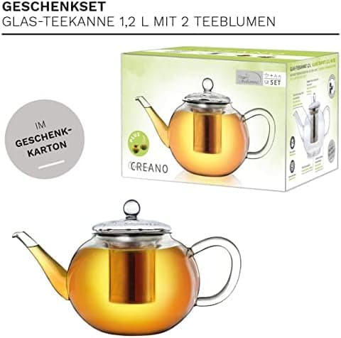 Teekanne Glas Creano 1,2l - 2 Teeblumen - Tropffrei - Gastro-Geschenk