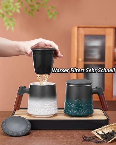 ZENS Teetasse mit Deckel und Teesieb für Tee Liebhaber bei\viewschiebung und Atemluft, 450ml, Große Holzgriff Matte Kera