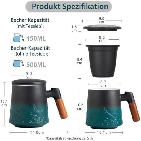ZENS Teetasse mit Deckel und Teesieb für Tee Liebhaber bei\viewschiebung und Atemluft, 450ml, Große Holzgriff Matte Kera