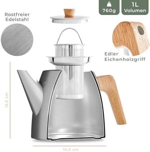 WALDWERK Tropffreie Teekanne 304 Edelstahl - IDEAL für Teebewerter - Holzgriffesignierungen - 1 Liter Doppelwandige Teek