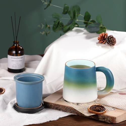 Ecoe TEETASSE Mit Teesieb Und Deckel, 420ml Keramik Tasse Für Losen Tee Große Teetassen Schwarz Und Weiß Gradienten Teeb