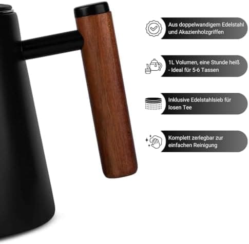 VDN Teekanne mit Siebeinsatz für 5-6 Tassen - Doppelwandig Edelstahl, 1L - Thermowarm bis zu 1h - Teebereiter für losen
