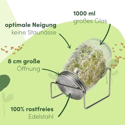 Sprossenglas Keimglas 2er Set 1000ml mit Edelstahl-Gitterdeckel für Haus und Garten bei GRATIS Ständer [Druckversion]