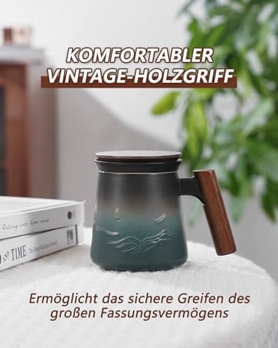 ZENS Teetasse mit Deckel und Teesieb für Tee Liebhaber bei\viewschiebung und Atemluft, 450ml, Große Holzgriff Matte Kera