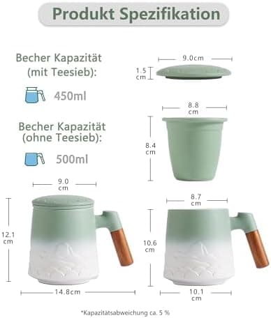 ZENS Teetasse mit Deckel und Teesieb für Tee Liebhaber bei\viewschiebung und Atemluft, 450ml, Große Holzgriff Matte Kera