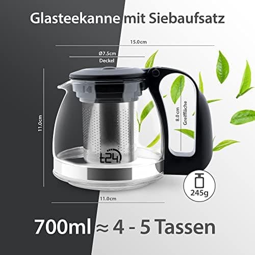 T24 Glas Teekanne mit Hitzebeständigem Edelstahl Filter für Losen Tee - 1250ml - Überhitzungsschutz und Siebeingebaust