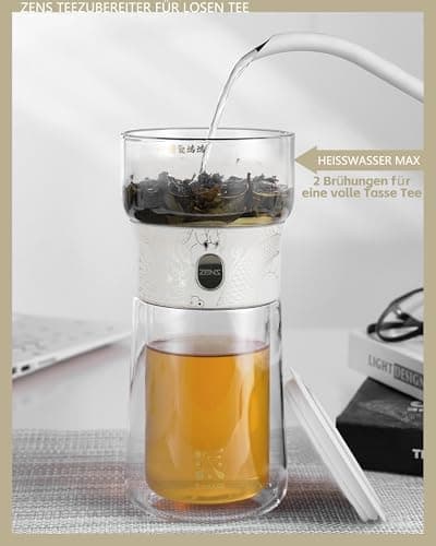 ZENS Modern Teekanne Glas mit Sieb für Teeliebhaber in Portable Tea Maker mit Isolierbecher