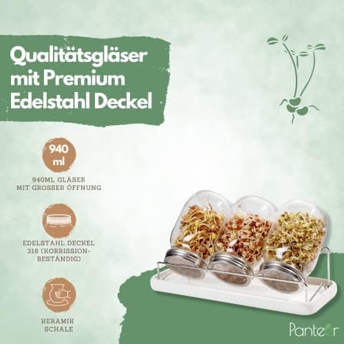 Sprossenglas Keimglas 940ml Premium Edelstahl Deckel - Für Sprossen & Sprossenzucht - Keimglas mit Keramikschale und Met