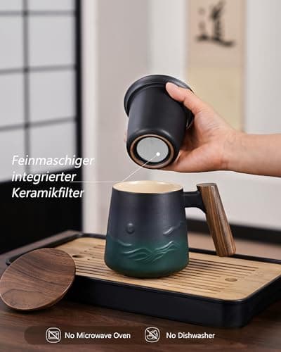 ZENS Teetasse mit Deckel und Teesieb für Tee Liebhaber bei\viewschiebung und Atemluft, 450ml, Große Holzgriff Matte Kera