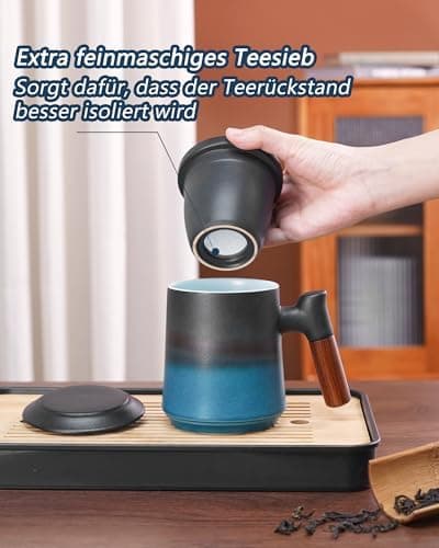 ZENS Teetasse mit Deckel und Teesieb für Tee Liebhaber bei\viewschiebung und Atemluft, 450ml, Große Holzgriff Matte Kera
