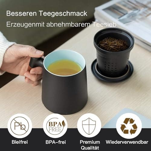 ZENS Teetasse mit Deckel und Sieb Geschenke für Teeliebhaber Matte Keramik 360 ml Holzgriff