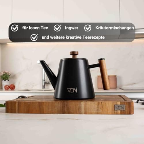 VDN Teekanne mit Siebeinsatz für 5-6 Tassen - Doppelwandig Edelstahl, 1L - Thermowarm bis zu 1h - Teebereiter für losen