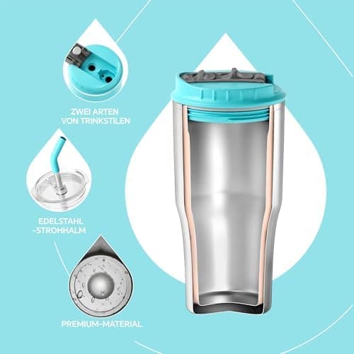Ideaux Isolierbecher 14oz (420ml) | Doppelwandig | Eign. für Kaffee & Tee - Grün | Auslaufsicher | Reisebef. | Heiß & Ka