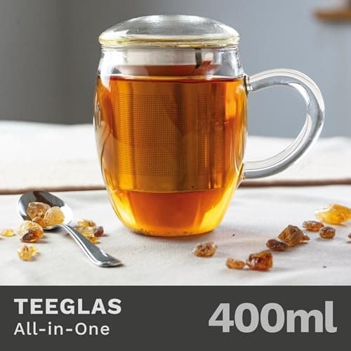 Creano Teeglas all in one 400ml - Große Teetasse mit Edelstahlsieb und Glasdeckel für echten Geschmack (1x 400ml)  
Crea