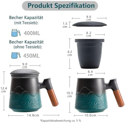 ZENS Teetasse mit Deckel und Teesieb für Tee Liebhaber bei\viewschiebung und Atemluft, 450ml, Große Holzgriff Matte Kera