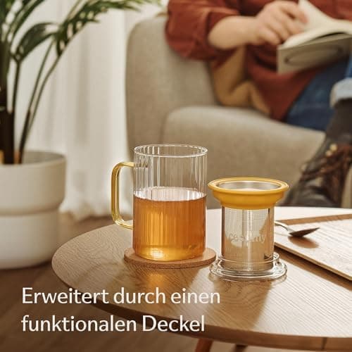 Cosumy Hitzebeständige Teetasse 450ml Schwarz - Farbgriff aus Borosilikat Glas mit Korkuntersetzer und Edelstahlfilter