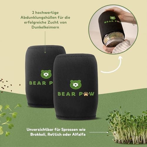 BEAR PAW® Sprossenglas 2er Set - 1000ml Keimglas für Sprossen Keimlinge - inkl. Bambushalterung & Abdunklungshüllen, Gra