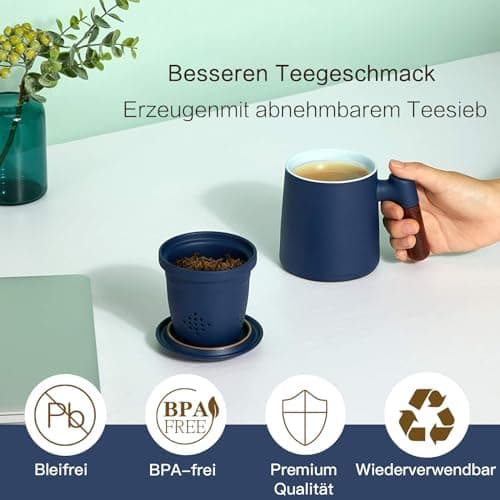 ZENS Teetasse mit Deckel und Sieb Geschenke für Teeliebhaber Matte Keramik 360 ml Holzgriff