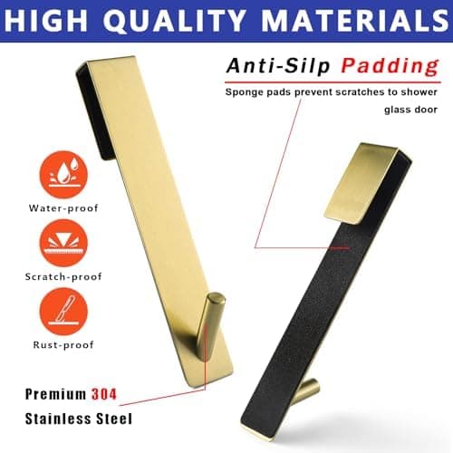 2 Stück Goldfarben Haken Duschwand ohne Bohren | Glaswand Handtuchhalter Dusche | Gummi Schutz