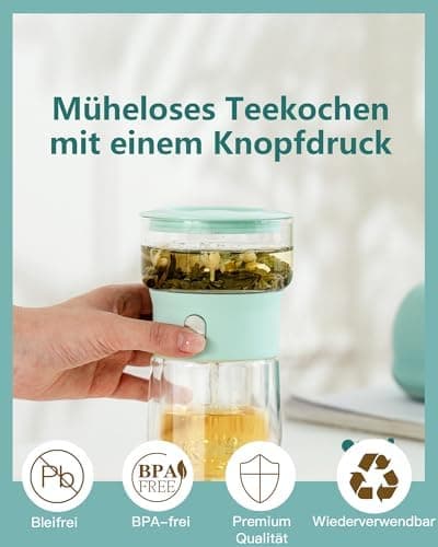 ZENS Modern Teekanne Glas mit Sieb für Teeliebhaber in Portable Tea Maker mit Isolierbecher