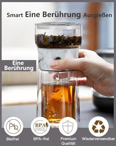 ZENS Modern Teekanne Glas mit Sieb für Teeliebhaber in Portable Tea Maker mit Isolierbecher