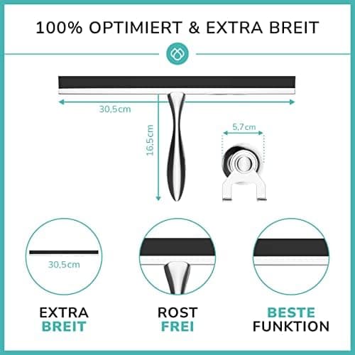 Edelstahl Duschabzieher extra breit 30,5 cm mit Silikonrand für Dusche - Edelstahl Duschabzieher inkl. Saugnapf Griff oh